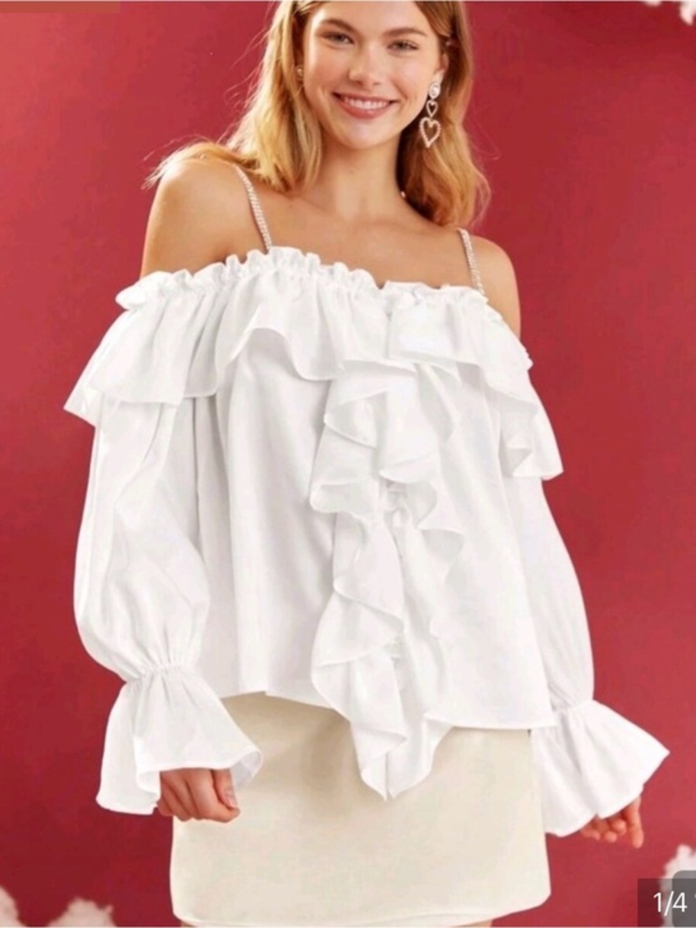 White Off-Shoulder Ruffle Blouse with Long Sleeves